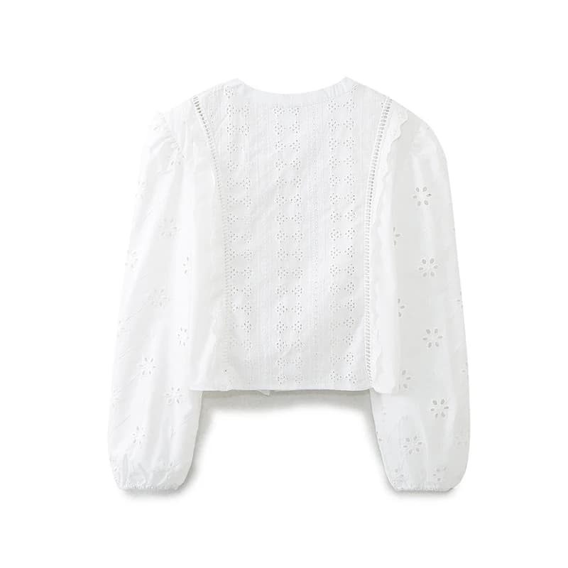 YENKYE-Chemisier blanc brodé évidé pour femme, manches longues, col rond, chemise courte femme, stre