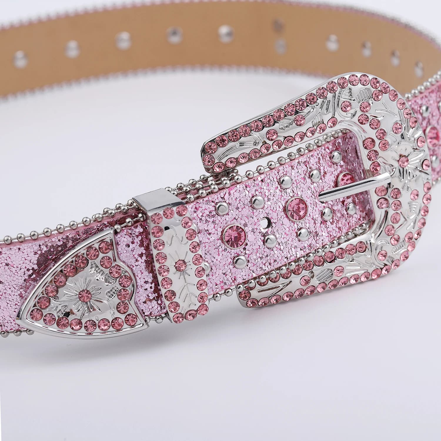 Ceinture en strass rose à rivets croisés scintillants, ceinture en cuir incrusté punk rock pour jean