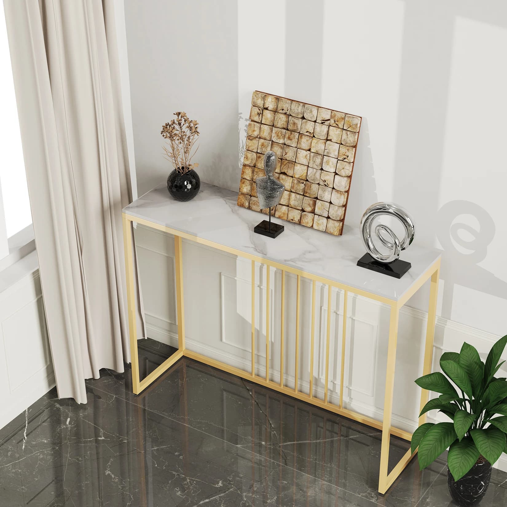 Console d'appoint moderne, Table en marbre, cadre en métal doré, présentoir de rangement, Table étro