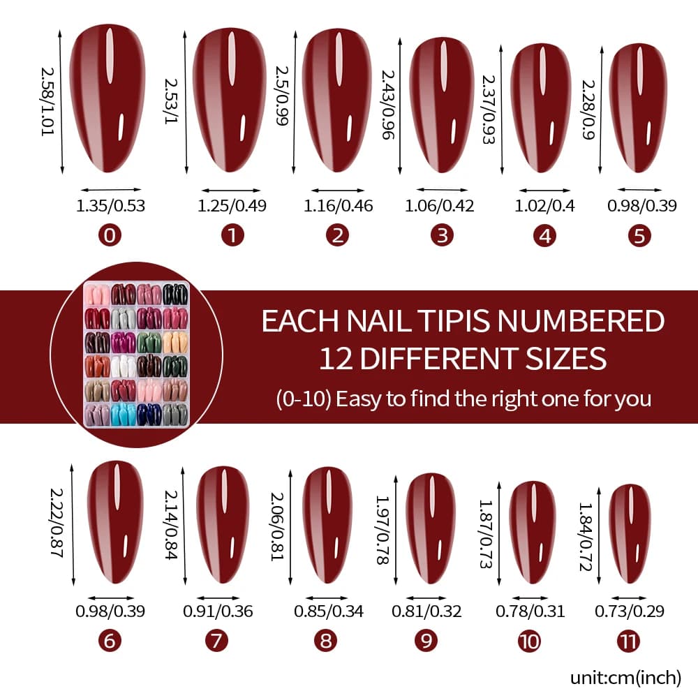 288 pièces brillant rouge/vert/bleu/blanc amande faux ongles longueur moyenne couleur unie couvertur