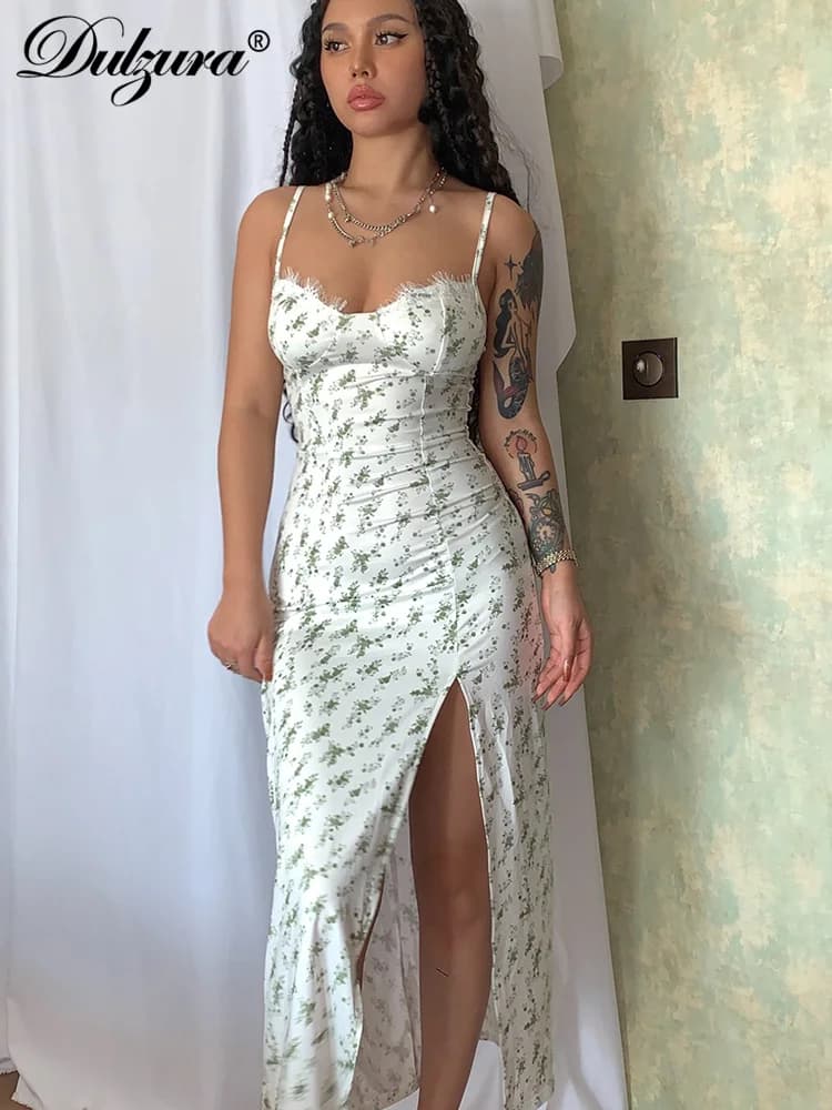 Tactical Zura-Robe mi-longue à imprimé floral pour femme, vêtements Y2K, dos nu, fente latérale, bat