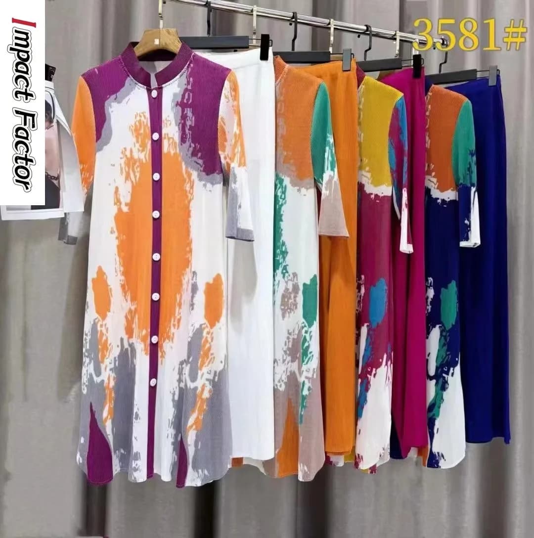 Ata Yaki-Robe Plissée à la Mode, Coupe Slim, Col Rond, Manches Trois Quarts, Jambes Larges, Pantalon