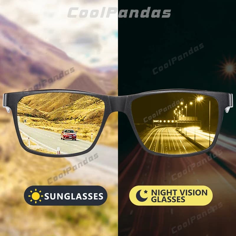 Top fibre de carbone carré conduite photochromique lunettes de soleil polarisées hommes jour nuit Vi
