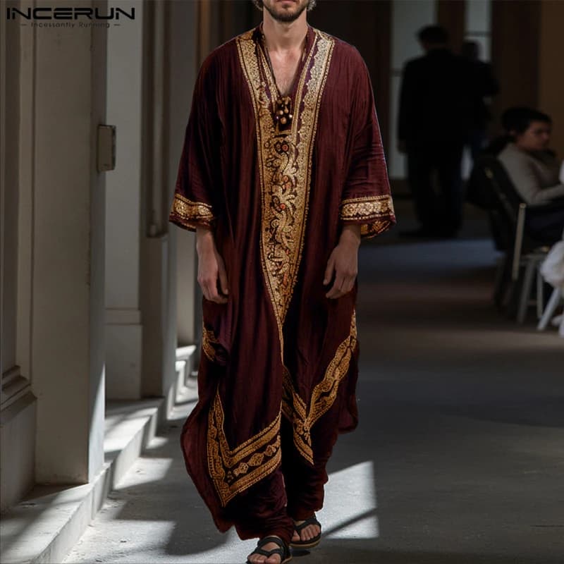 INCERUN hommes Jubba Thobe impression Patchwork col en V à manches longues hommes Robes caftan musul