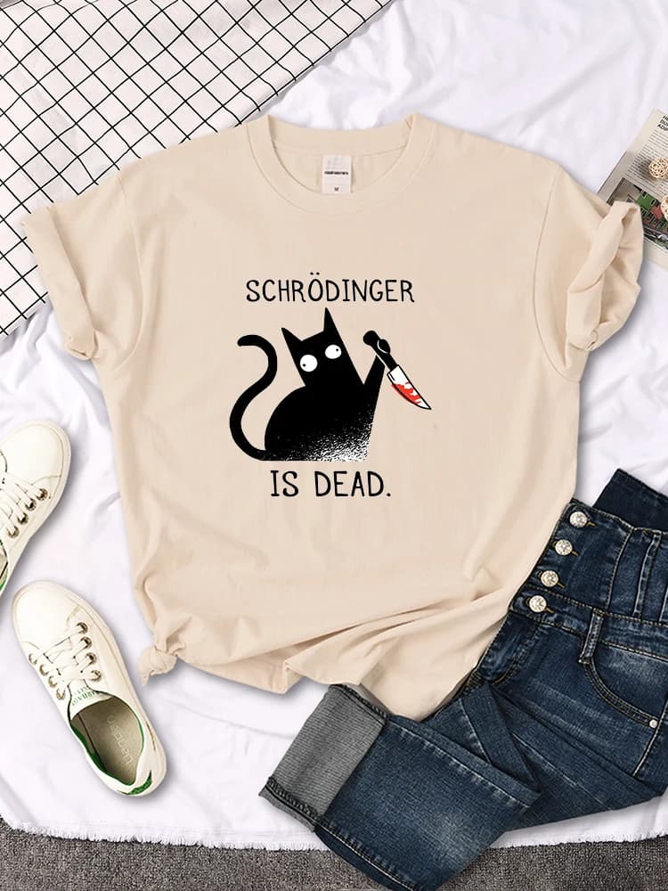 Femmes T-Shirts Schrodinger Is Dead dessin animé chat noir imprimé t-shirt femmes surdimensionné dou
