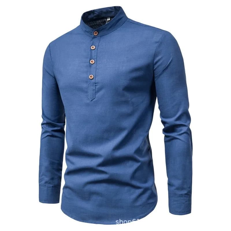 Chemise d'affaires à manches longues et col montant pour hommes, couleur unie, décontractée, ajustée