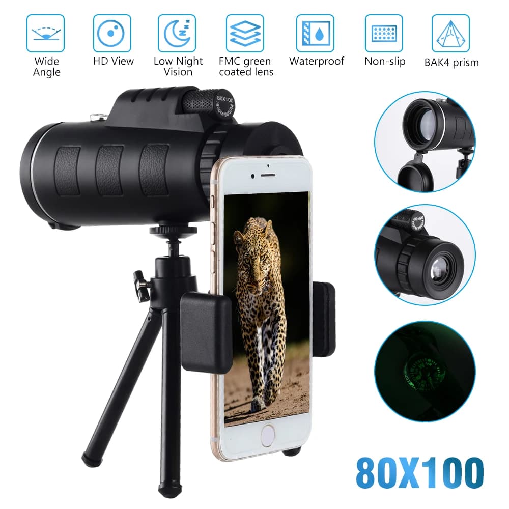 Télescope monoculaire 80x100 HD, n'aime injuste, pour l'extérieur, portable, longue portée, étanche,