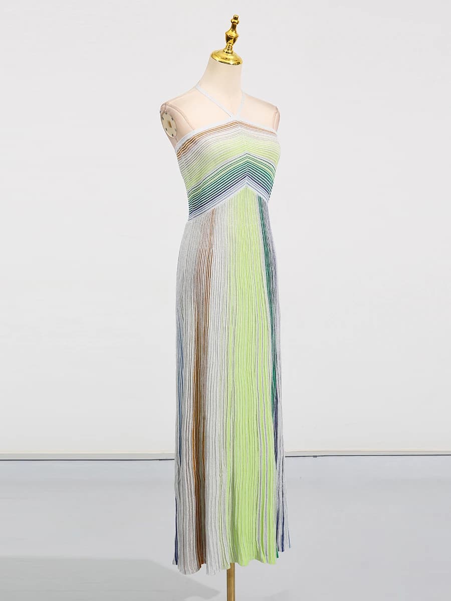 Robe longue de fête VGH à rayures colorées pour femme, dos nu, taille haute, sans manches, coupe aju