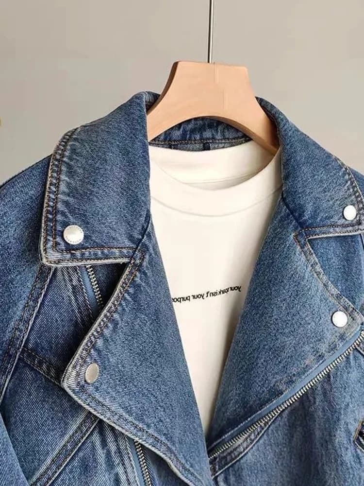 Moto fermeture éclair à manches longues veste en jean pour femmes veste en jean printemps automne fe