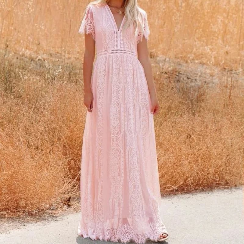Robe en dentelle taille haute à col en V pour femmes, robes de soirée élégantes, longue robe de plag