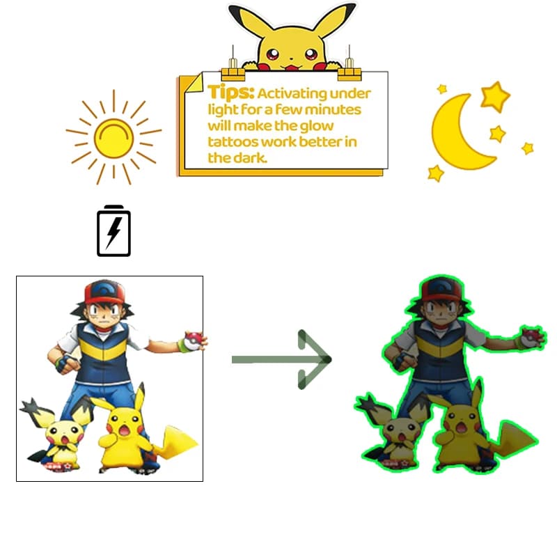 Tatouages lumineux Pokemon pour enfants, Styles Pikachu, autocollants temporaires pour garçons et fi