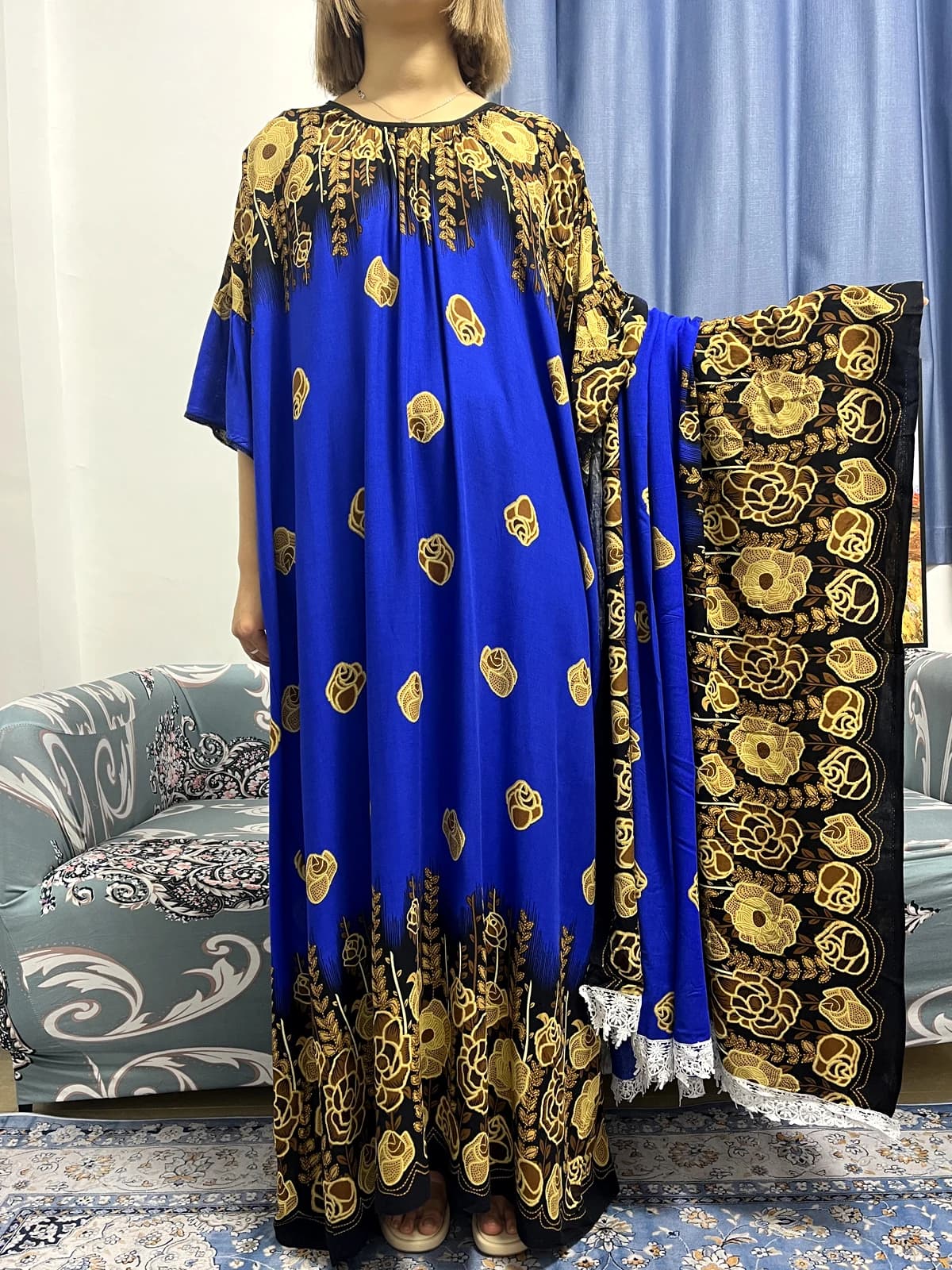Robe africaine à col rond avec grande écharpe en dentelle pour femmes, robes musulmanes, Abayas Djel