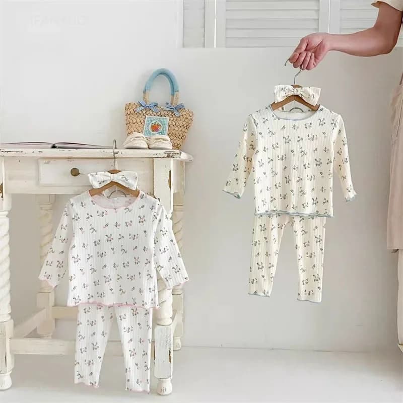 ‌ Nouveauté bébé filles imprimé fleuri coton pyjama ensemble à manches longues dentelle garniture de
