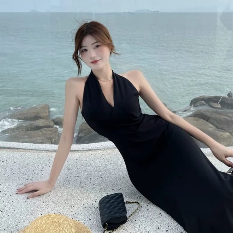 Robe mi-longue à col licou pour femme, robes décontractées pour femme, mince, sexy, simple, tempéram