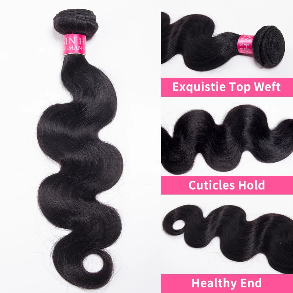 Extensions de Cheveux Humains Brésiliens Ondulés (Body Wave) – Lots de 1/3/4 Pièces, Noir Naturel, 1