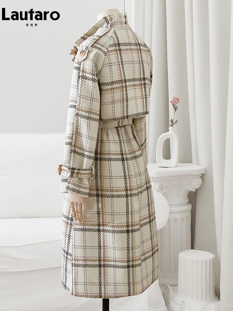 Lautaro-Manteau long en mélange de laine à carreaux chaud pour femme, pardessus en laine à double bo