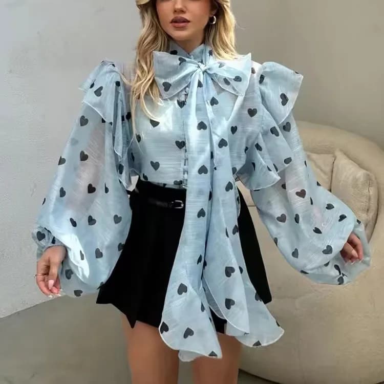 Nouvelle Blouse Femme Élégante Beige Imprimée 2026, Décontractée, Col à Lacets, Manches Bouffantes, 