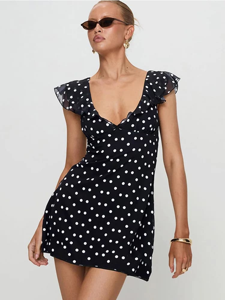 Mini robe trapèze à pois pour femmes, Style français, col en v, robe d'été avec manches volantes, te