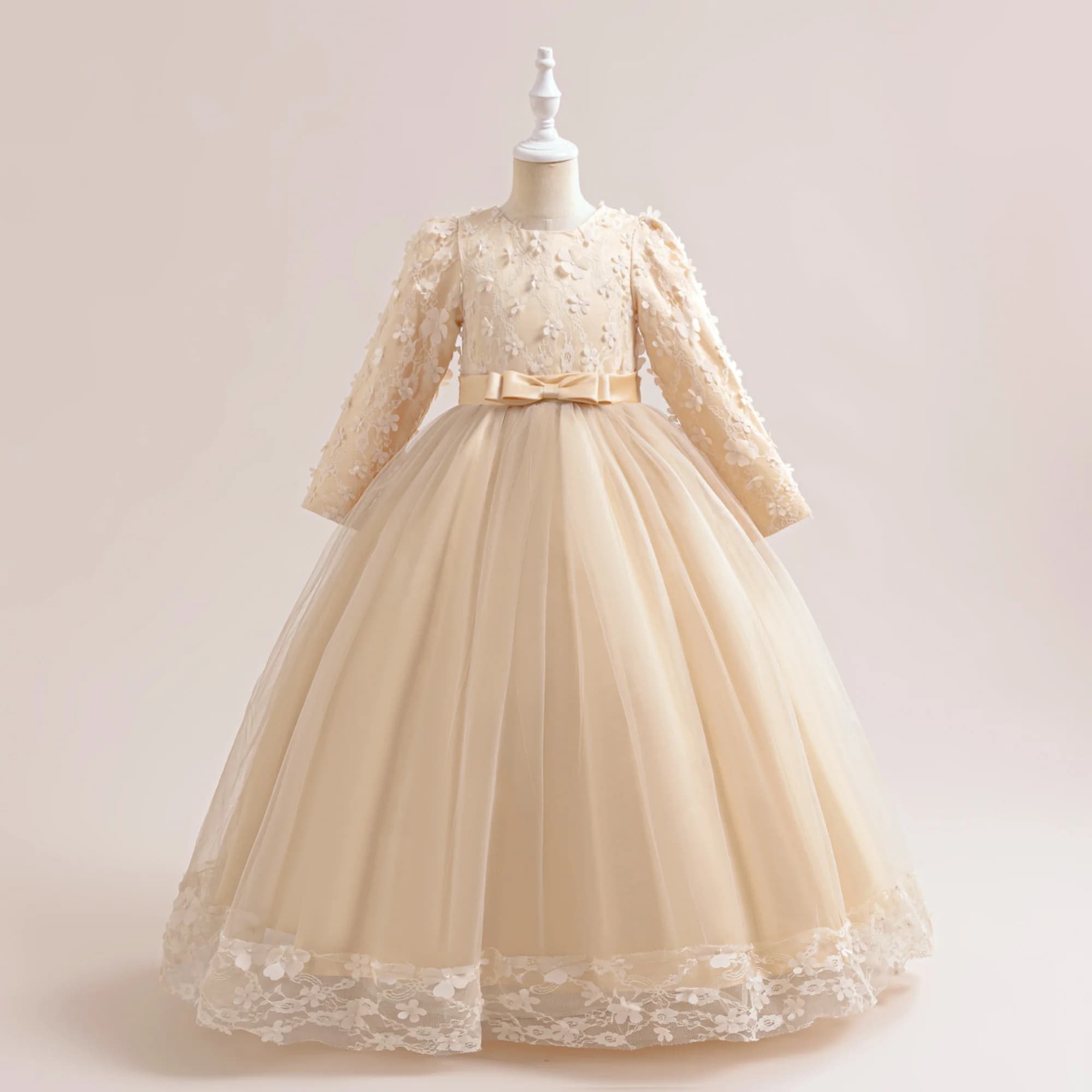 Robe de demoiselle d'honneur à manches longues pour filles, costume de Noël pour enfants, nœud en de