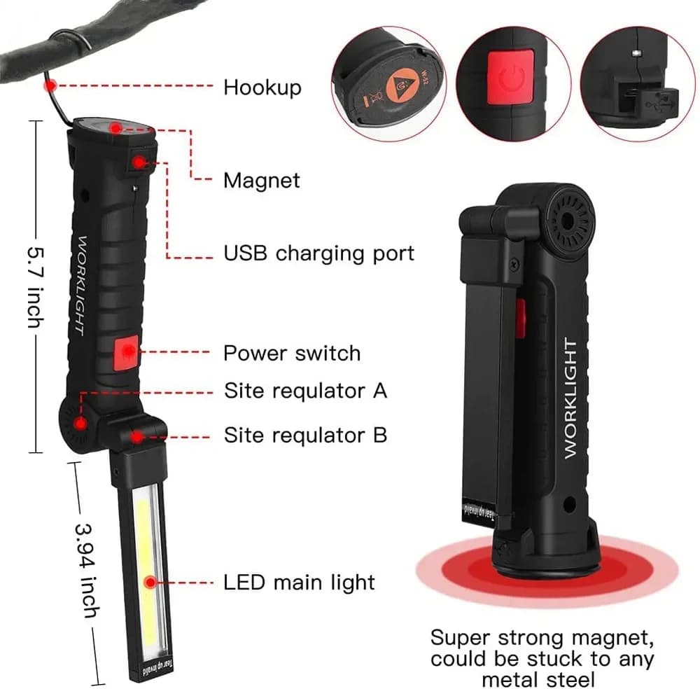Lampe de travail portable COB LED, lampe torche USB rechargeable, lanterne magnétique, lampe suspend