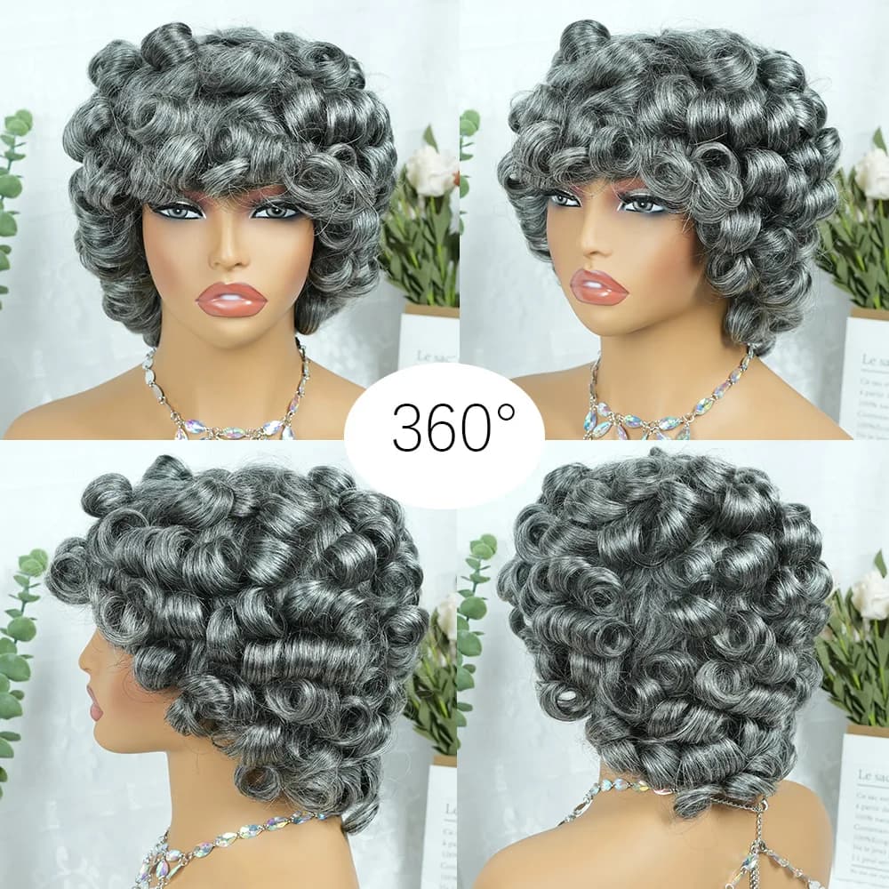 Perruques en cheveux humains coupés pixie, sel et poivre, pour femmes, cheveux gris, noir mélangé av