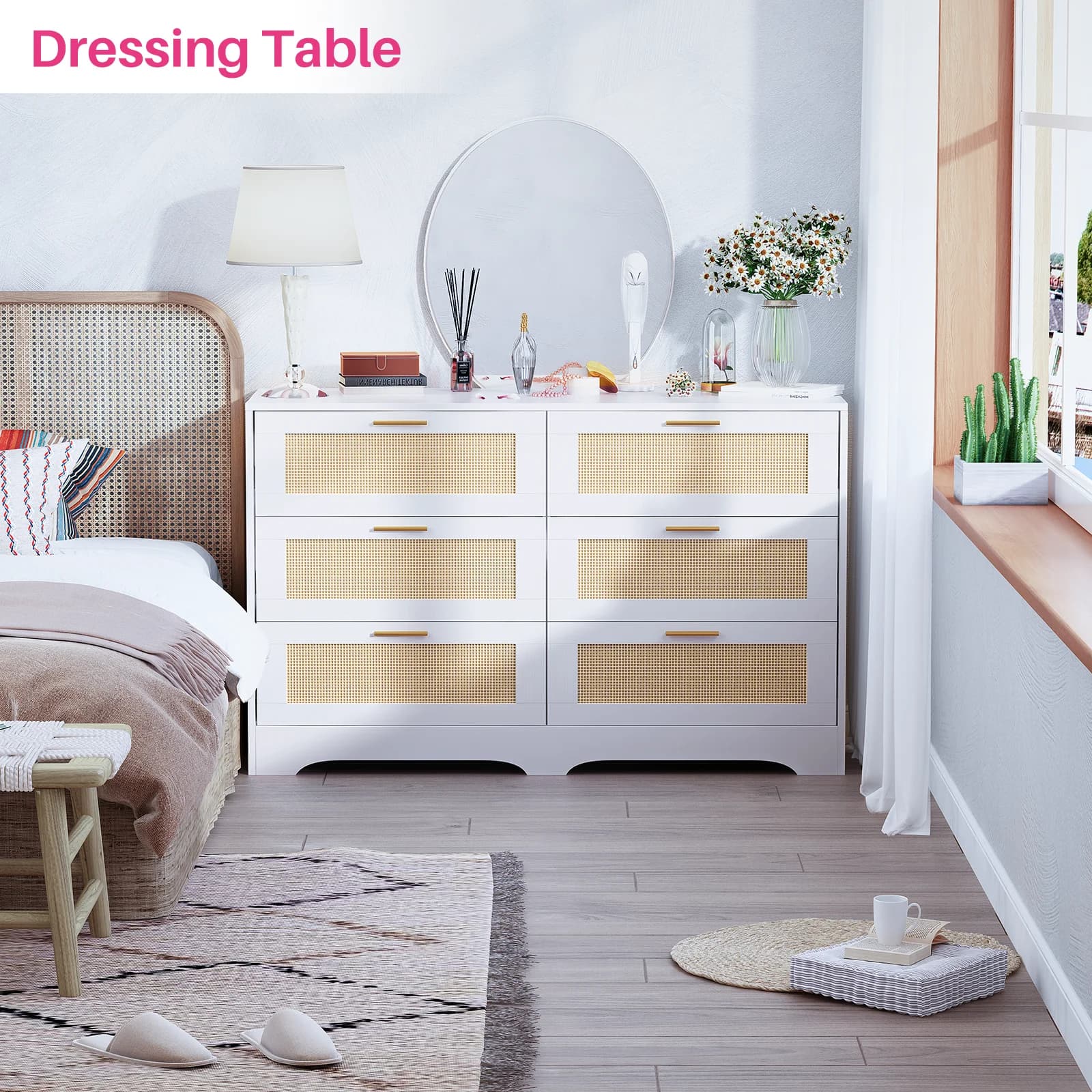 REDLIFE-Commode en rotin 47.24 "avec 6 portes, commode moderne, rangement en bois avec Golden Foy po
