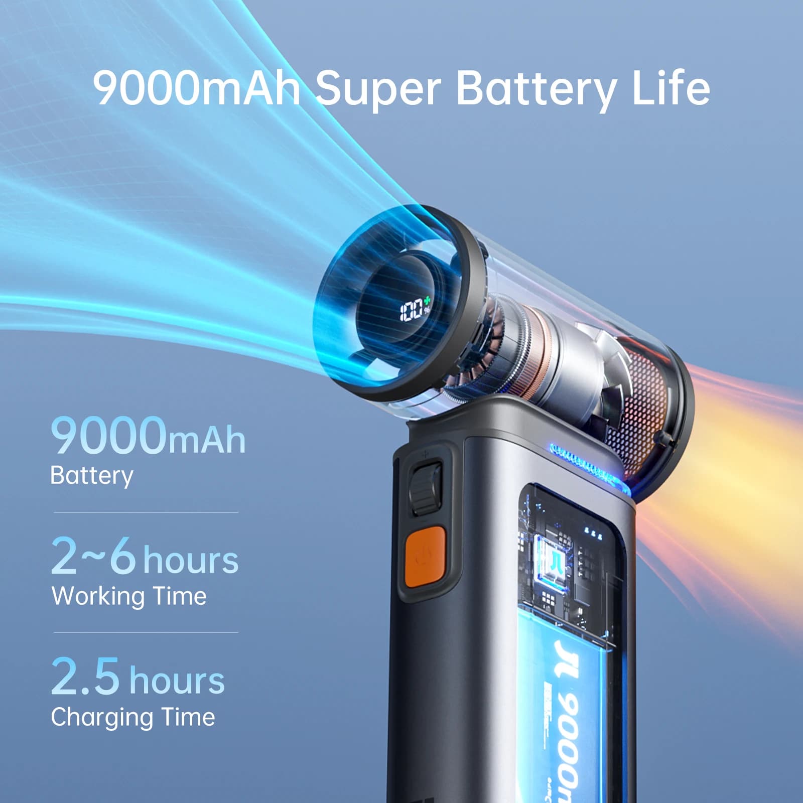 JISULIFE Ventilateur portatif Turbo, 100 vitesses de vents réglables, batterie rechargeable 9000 mAh