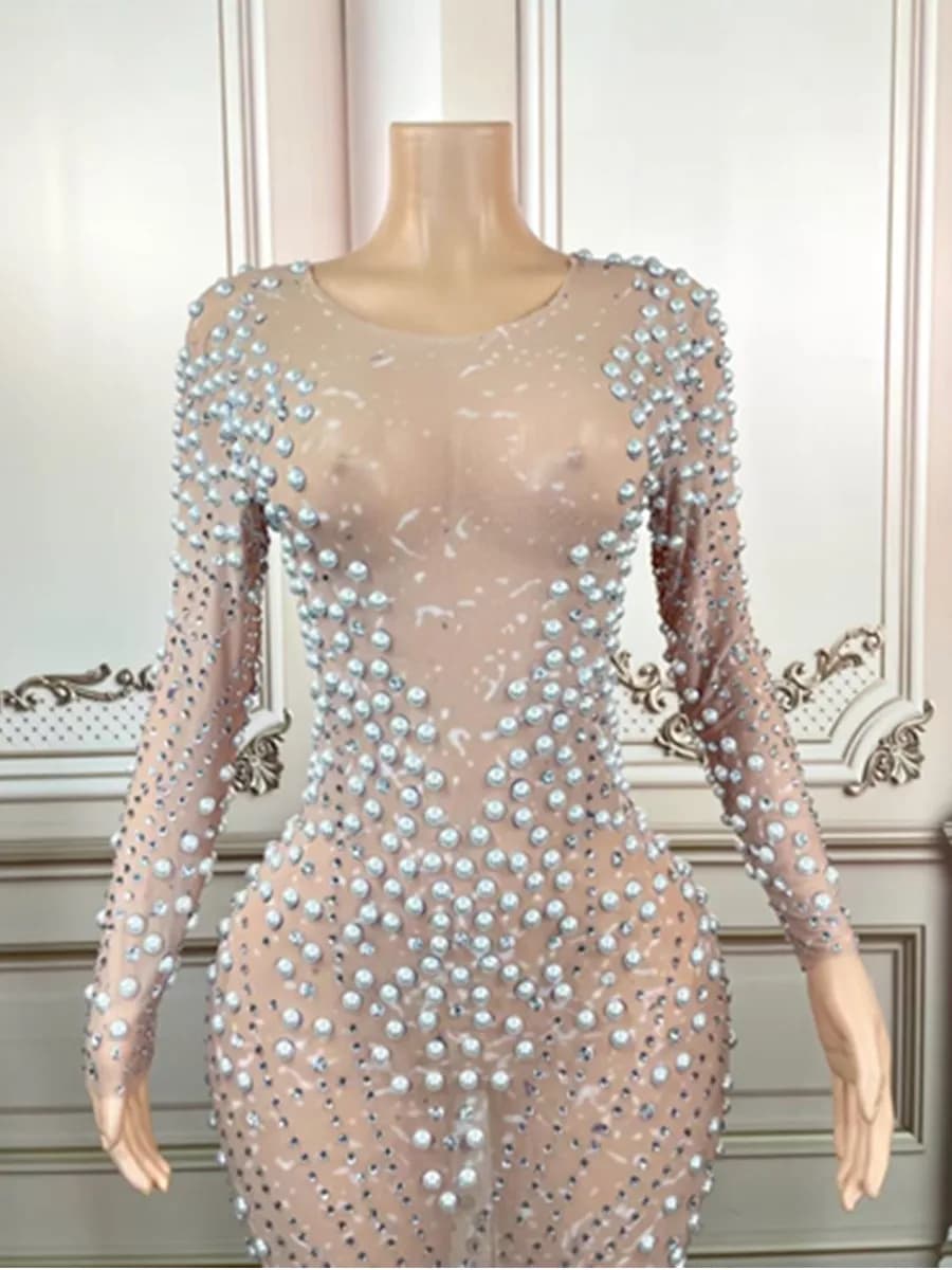 Robe longue rose Sexy pour femmes, strass scintillants, fête d'anniversaire, célébration de chanteur