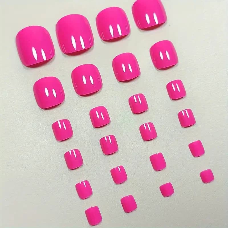 24 pièces ongles pressés rose vif, faux ongles courts, ongles carrés en acrylique pour le pressage d