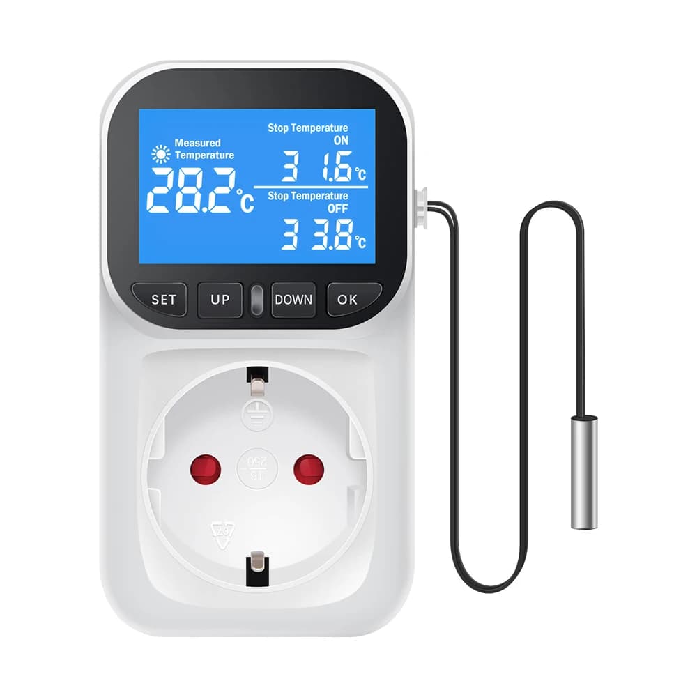 Contrôleur de température numérique, prise de courant, prise UE, thermostat avec capteur de minuteri
