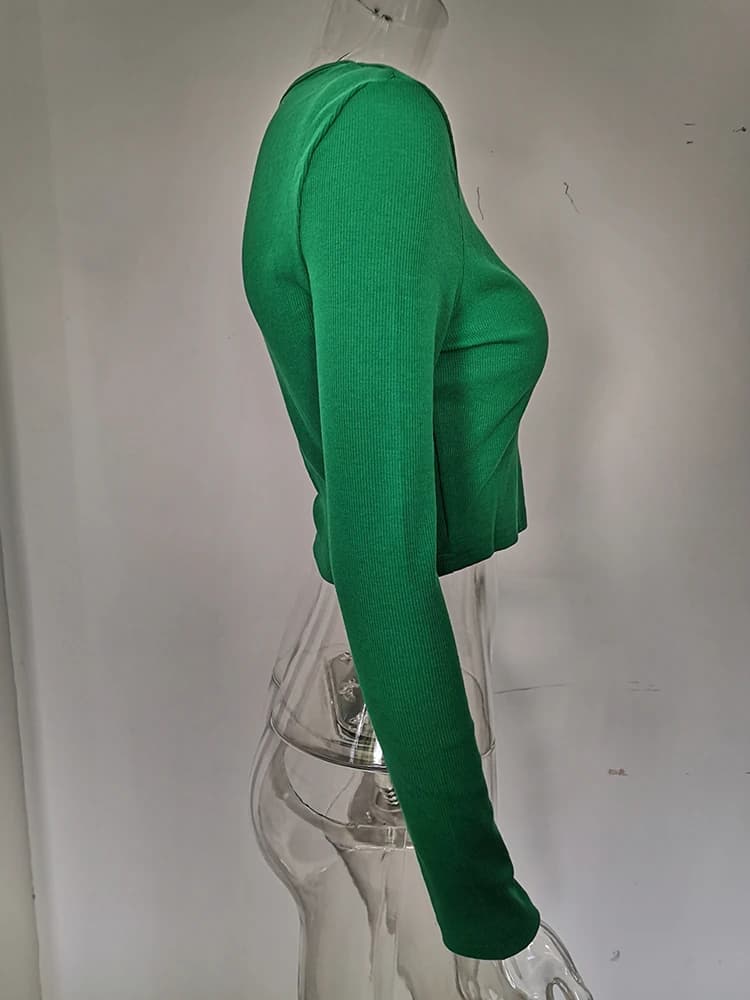Automne hiver côtelé tricoté t-shirts femmes 2025 vert printemps découpé blanc basique à manches lon
