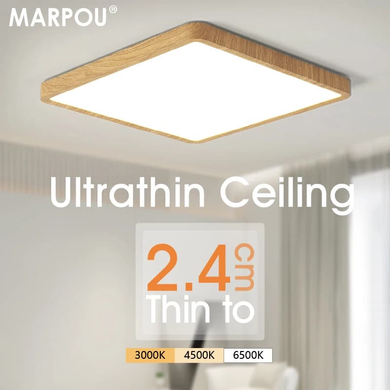 MARPOU 2.4 cm Ultra mince LED plafonnier carré Grain de bois plafonniers pour salon 220 V 110 V LED 