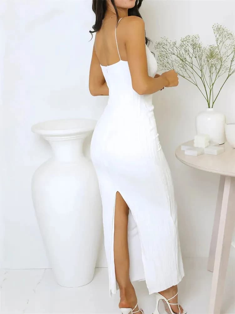 Robe longue froncée en fibre pour femme, robe fendue au dos, monochromatique, mince, sexy, fête, ten