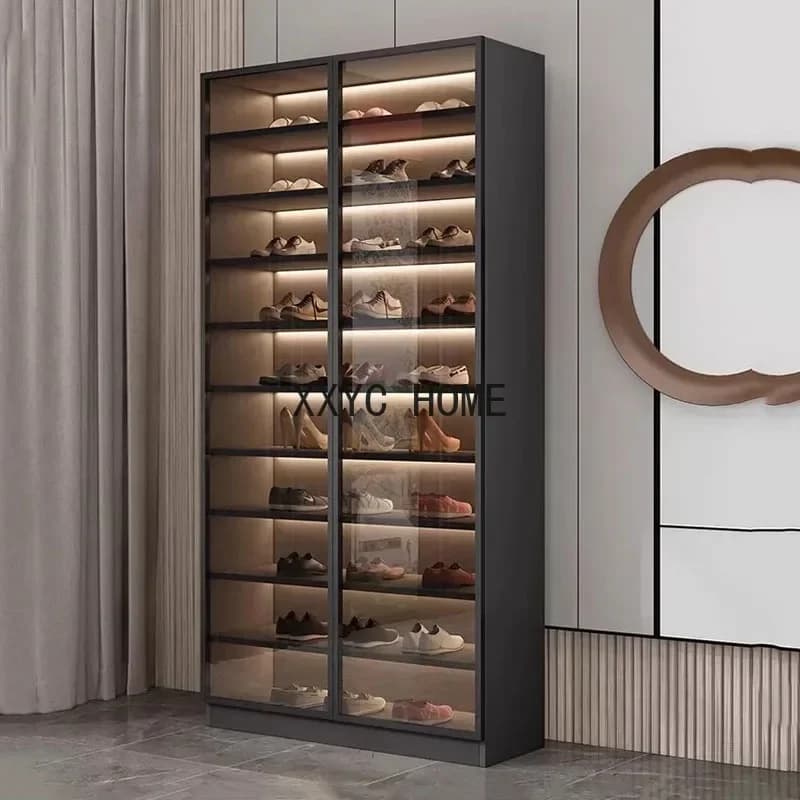Armoire à chaussures de grande capacité, couloir fin, entrée, usage domestique, porte en verre verti