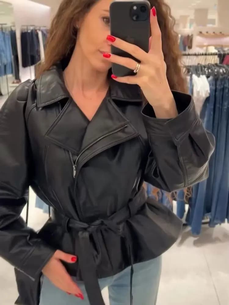 HH femmes Vintage moto veste avec ceinture Faux cuir Trench manteau à manches longues revers veste à