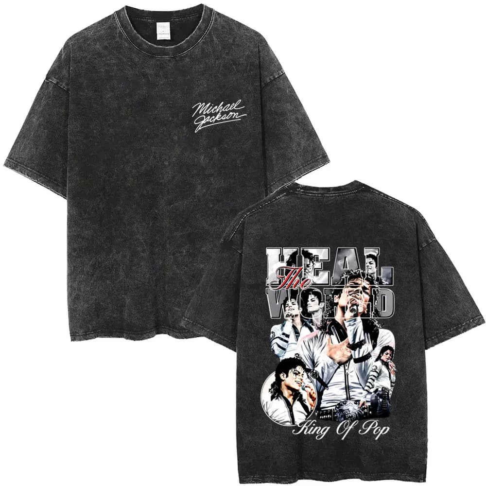 T-shirt graphique vintage lavé Michael Jackson King of Pop pour hommes et femmes, T-shirts rétro roc