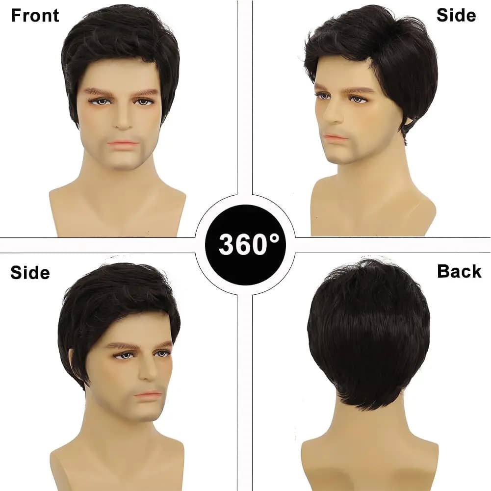 Perruques noires pour hommes, partie latérale courte, couches naturelles, perruque synthétique moell