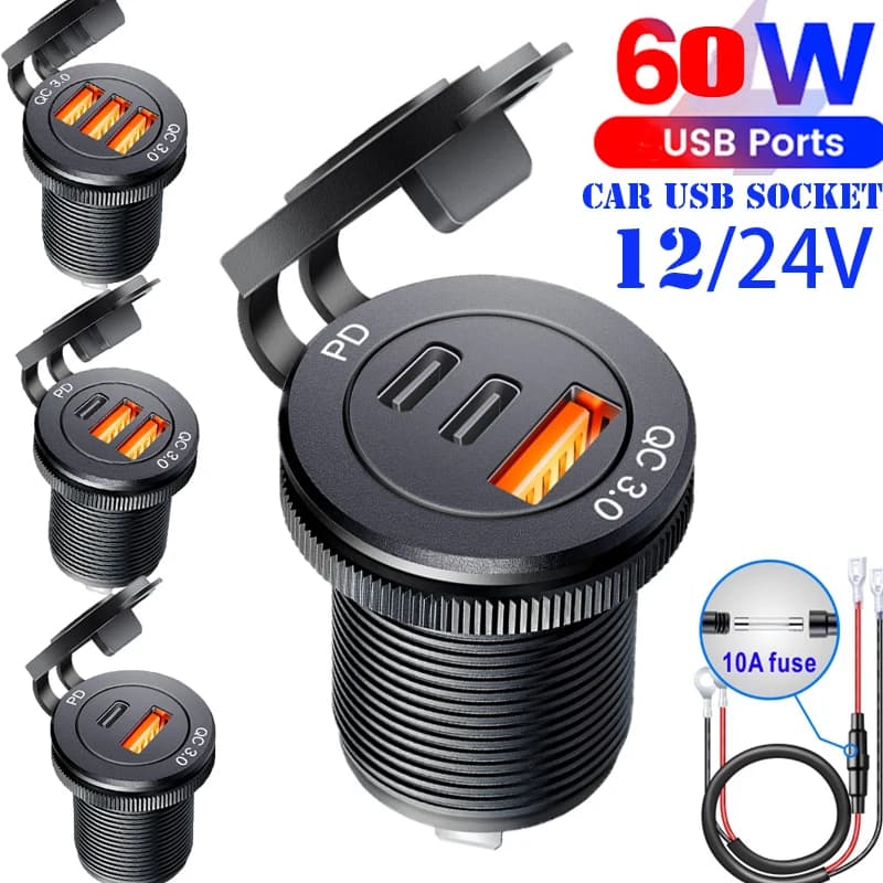 Prise USB pour voiture, charge rapide PD 3.0, chargeur de voiture 60W, prise de courant pour moto, b