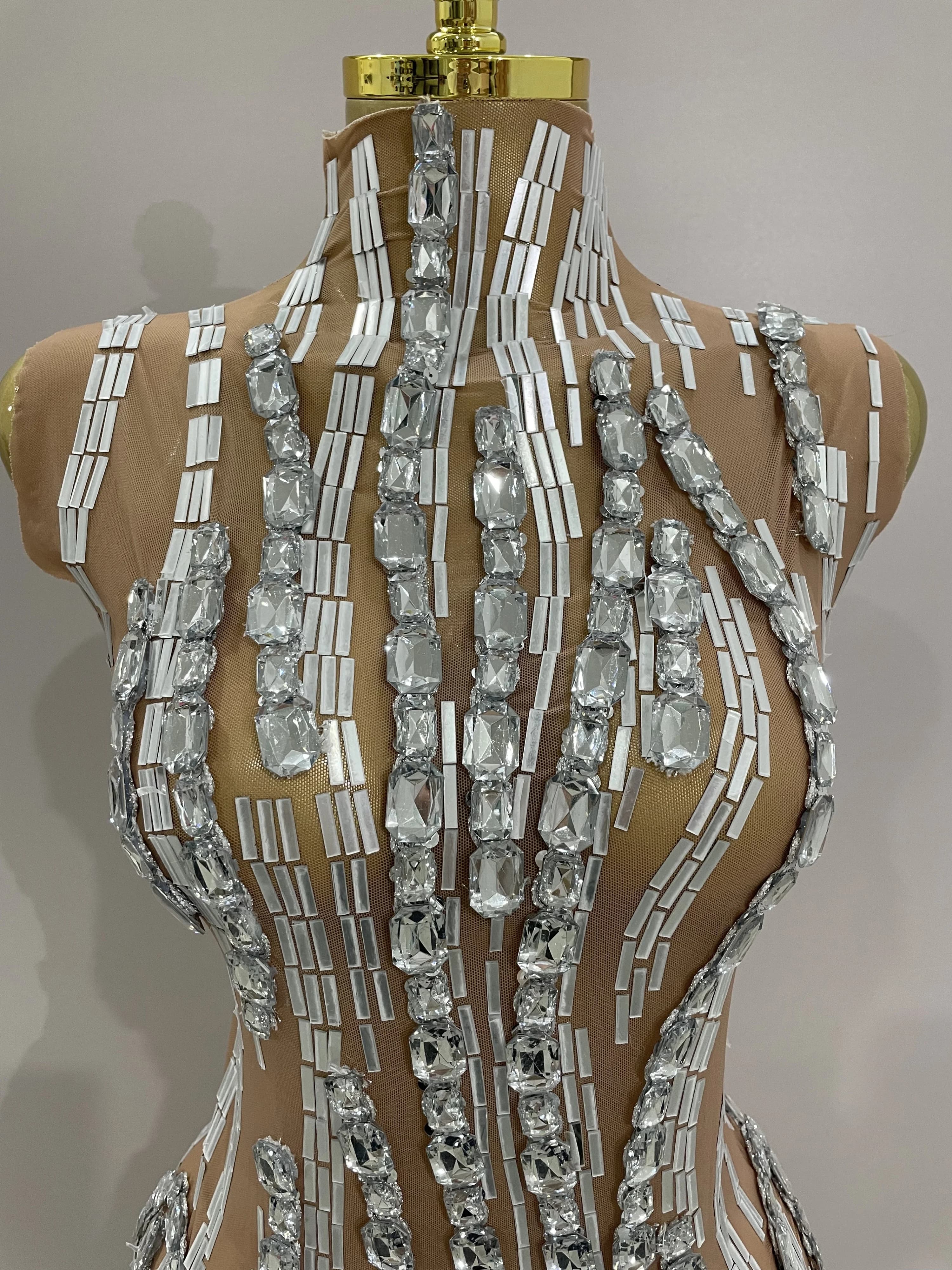 Chaîne de strass scintillante, body Transparent sans manches, Sexy, pour femmes, fête, discothèque, 