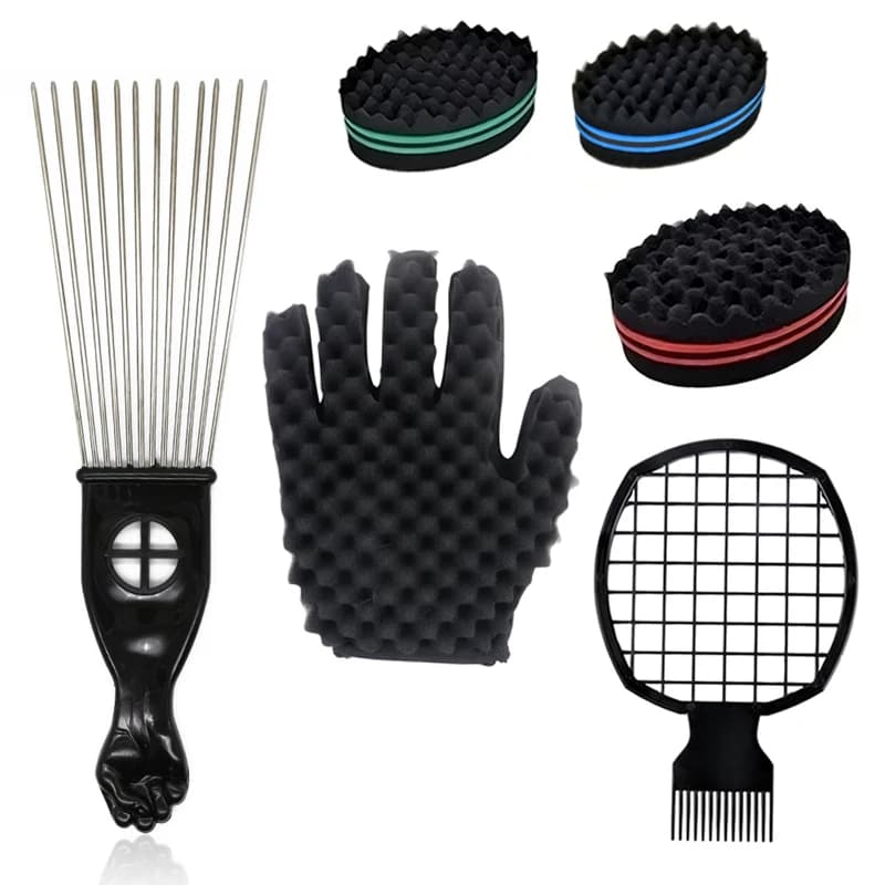 Ensemble de 2 pièces de longues broches en acier inoxydable, peigne à cheveux Afro, éponge à friser,