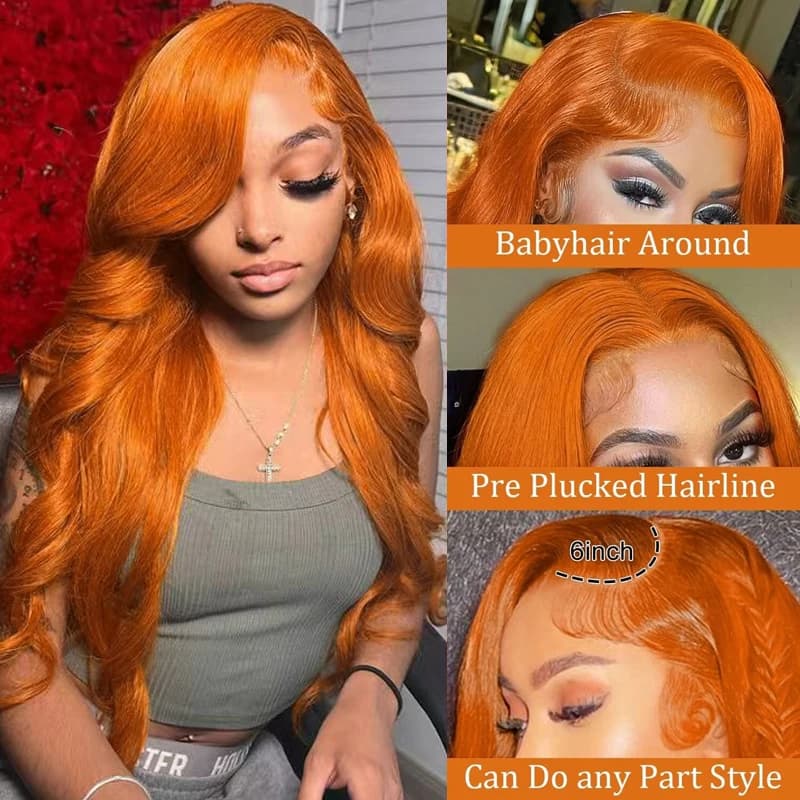 Perruque Lace Front Wig Body Wave Orange gingembre 13x6, cheveux humains transparents pour femmes # 