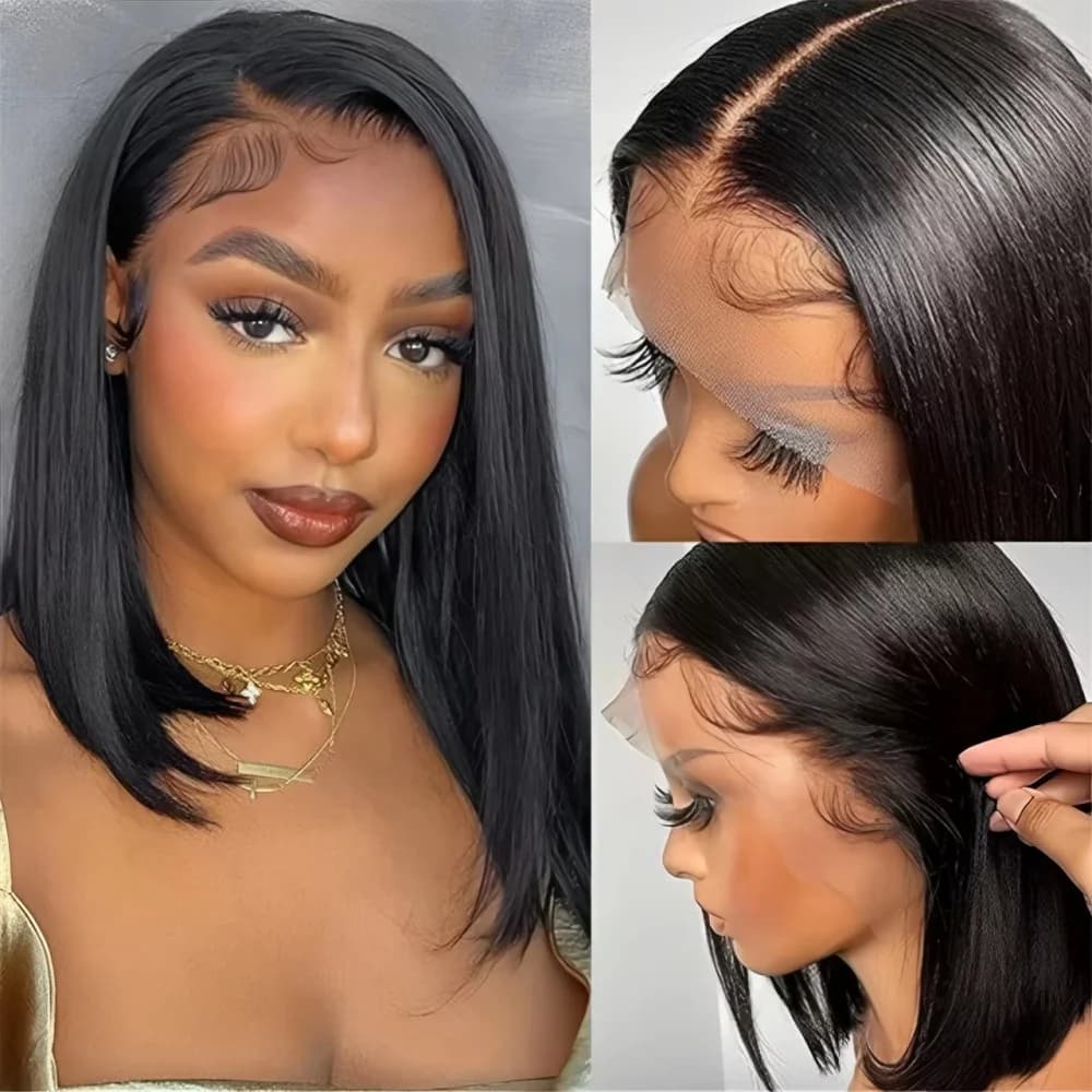 Perruque Lace Front 13x4 Brésilienne Courte Bob Lisse Noir Naturel 8-14 Pouces Sans Colle Douce Épai