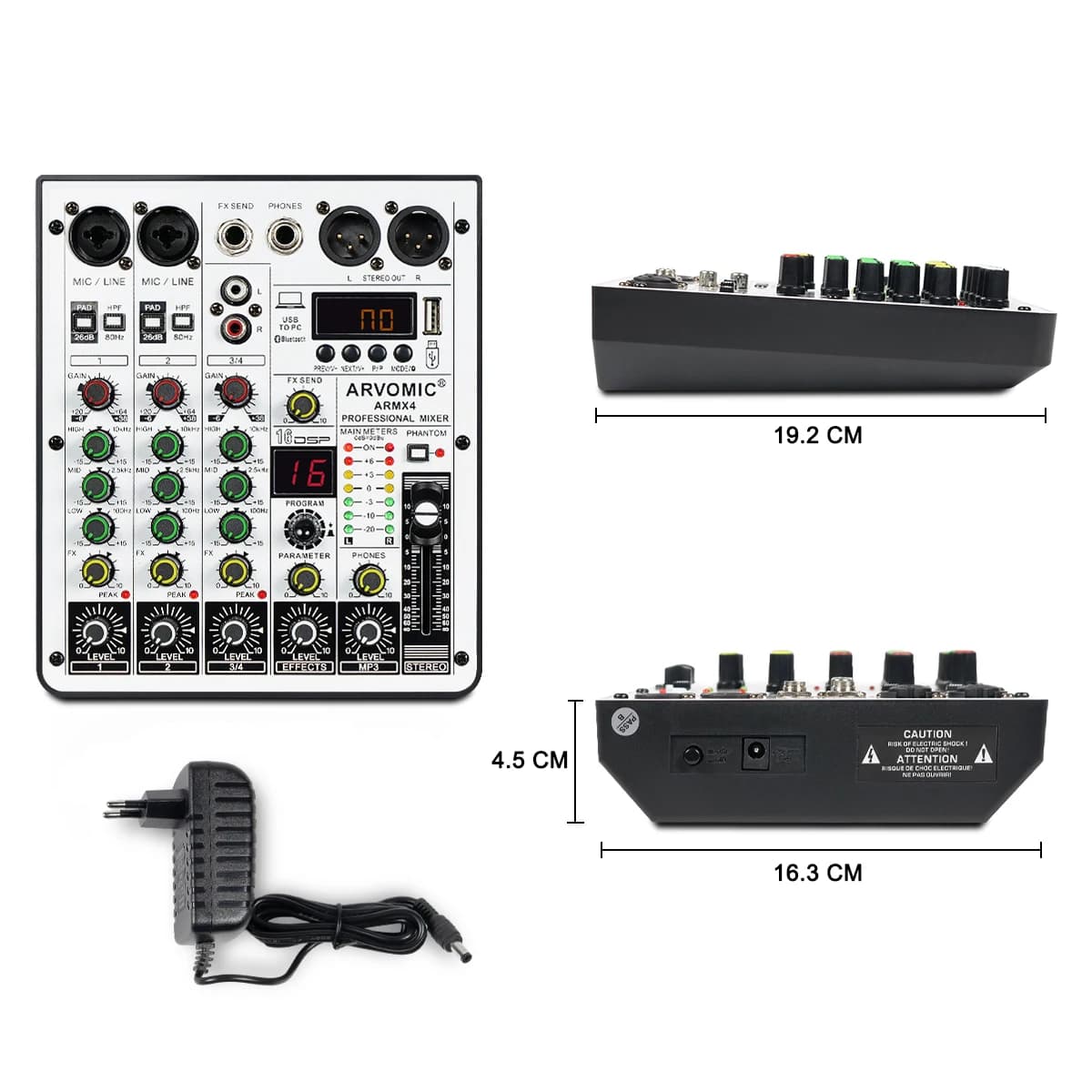 Mélangeur audio 4 canaux, table de mixage DJ avec interface audio USB, fonction Bluetooth, 16 effets