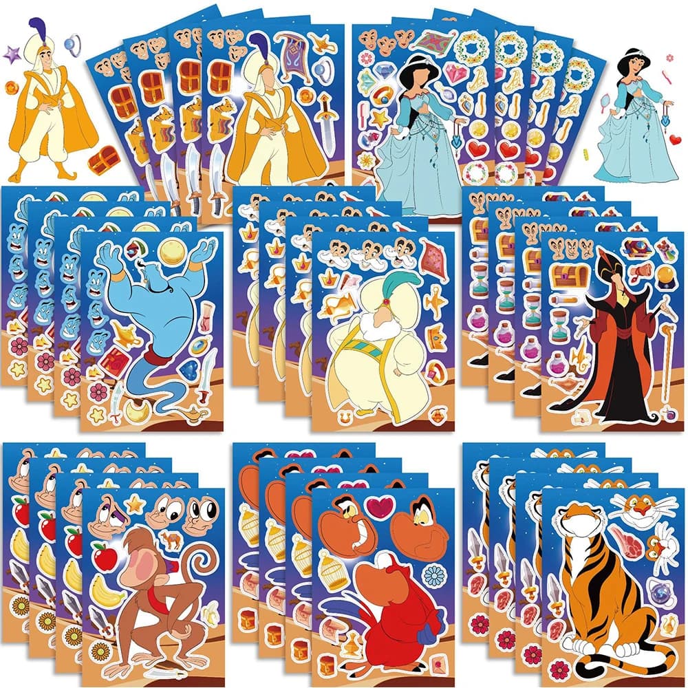 Autocollants de puzzle Disney Anime Aladdin pour enfants, faire un visage drôle, assembler des décal