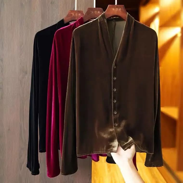 Cardigan à manches longues en velours doré pour femme, grande taille, col en v, boutons, Vintage, él