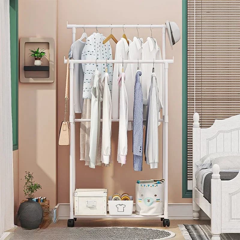 Porte-manteau mobile Double étagère à vêtements tige Simple vêtements sur pied chambre cintres de so