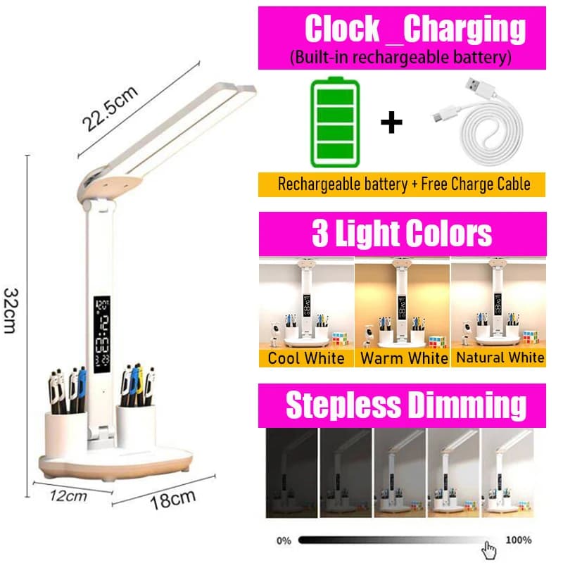 LED horloge lampe de Table USB rechargeable lampe de bureau à intensité variable 2 têtes 180 rotatio