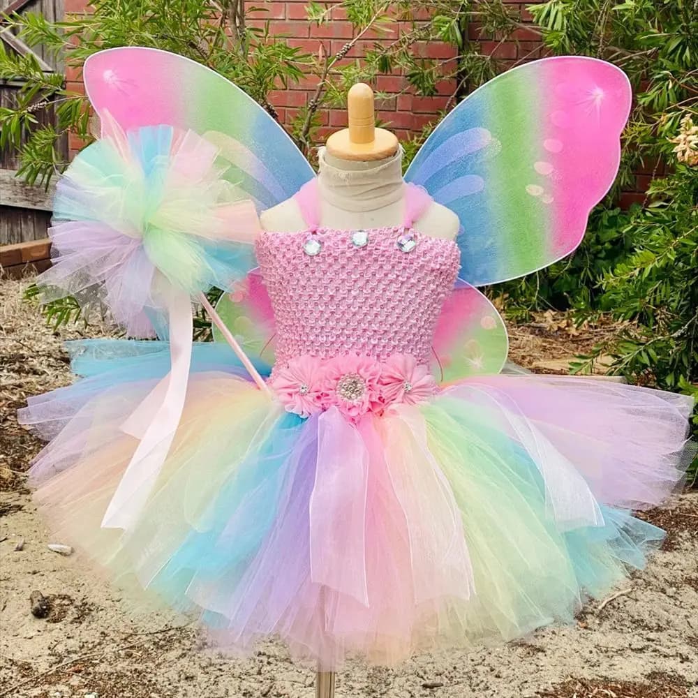 Robe Tutu à paillettes violettes pour filles, tenue Tutu féerique de fleurs avec aile de papillon et
