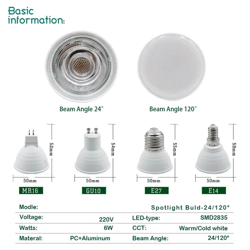 10 pcs/lot ampoule LED E27 E14 MR16 GU10 Lampada Spot LED 6 W 220 V 24/120 degrés Bombillas lampe à 