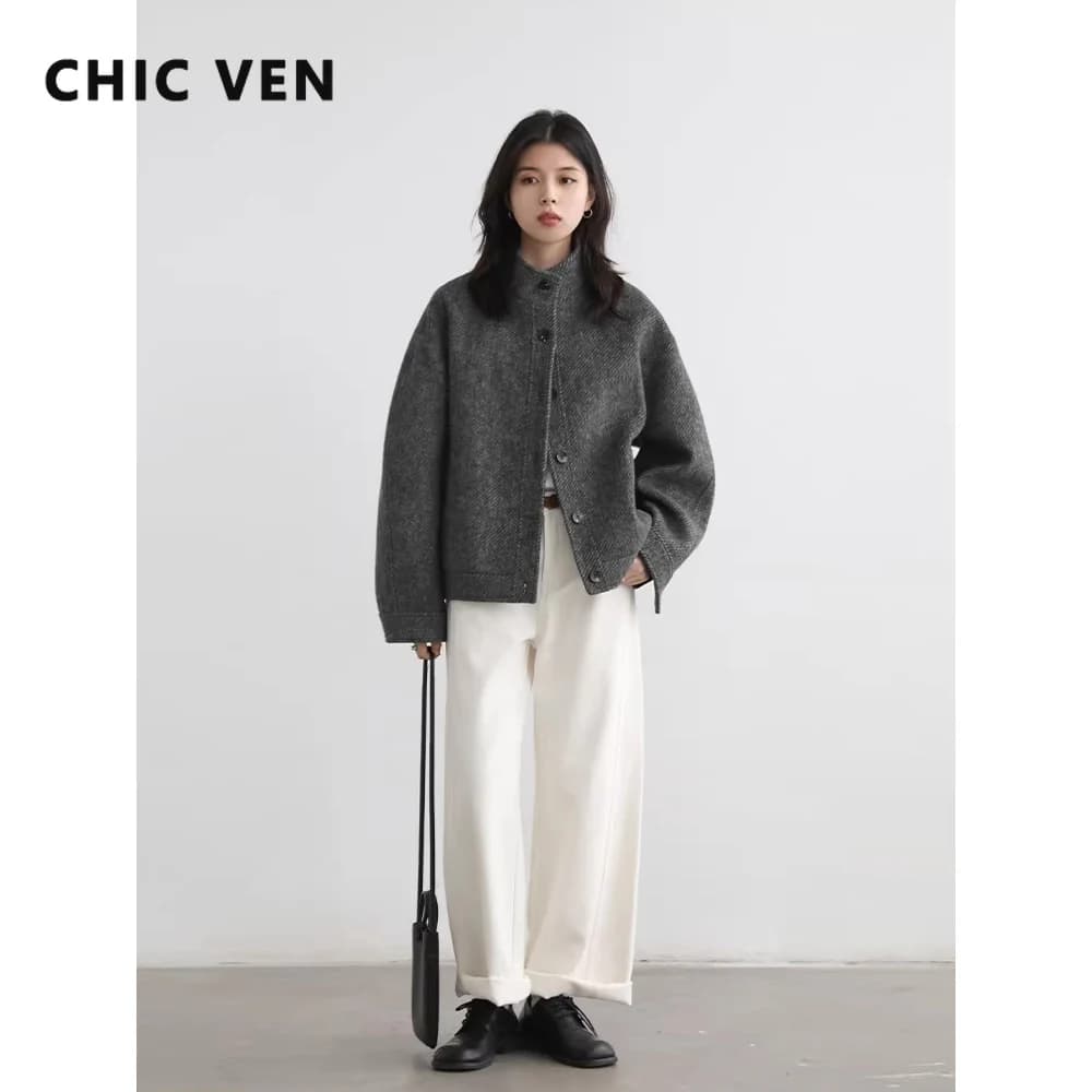 CHIC VEN Manteaux en Laine pour Femmes, Style Vintage Décontracté, Col Montant, Vestes Amples en Lai